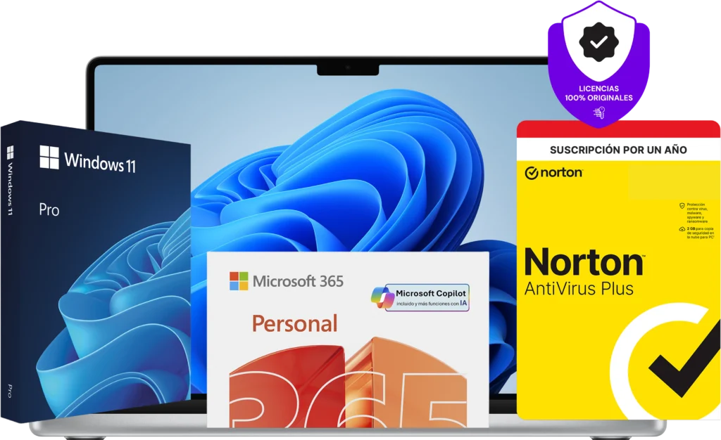 Licencias originales de Windows 11 Pro, Microsoft 365 Personal y Norton AntiVirus Plus